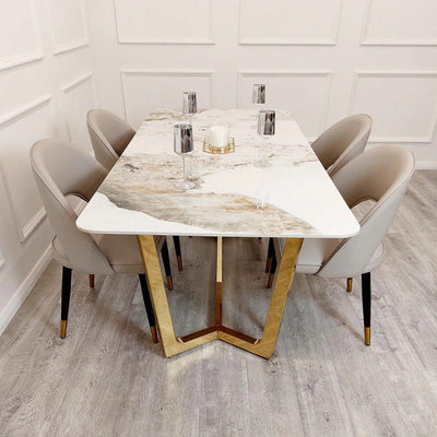 Lucien 180cm Gold Dining Table with Pandora Gold Sintered Stone Top + Astra Beige PU Leather Dining Chairs-Esme Furnishings