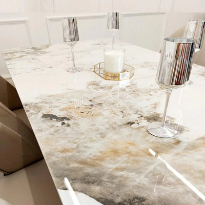 Lucien 180cm Gold Dining Table with Pandora Gold Sintered Stone Top + Astra Beige PU Leather Dining Chairs-Esme Furnishings