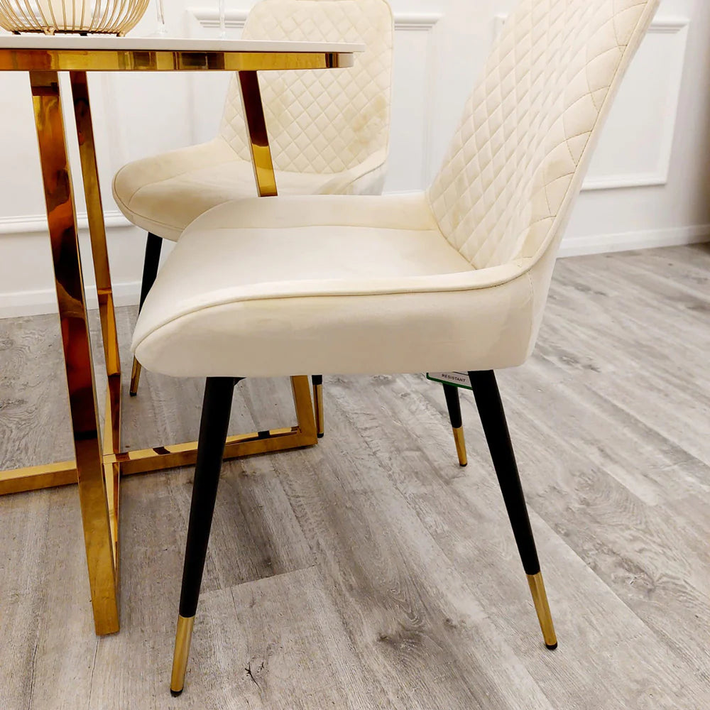 Orion Gold 180cm Dining Table with Polar White Ceramic Marble Top + Luna Plush Velvet Dining Chairs