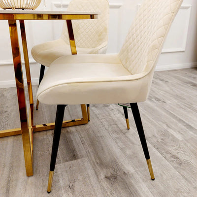 Orion Gold 180cm Dining Table with Polar White Ceramic Marble Top + Luna Plush Velvet Dining Chairs