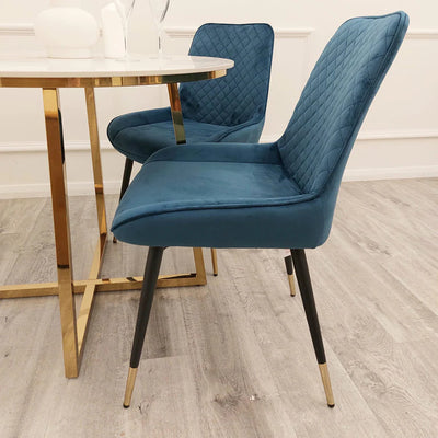 Orion Gold 180cm Dining Table with Polar White Ceramic Marble Top + Luna Plush Velvet Dining Chairs