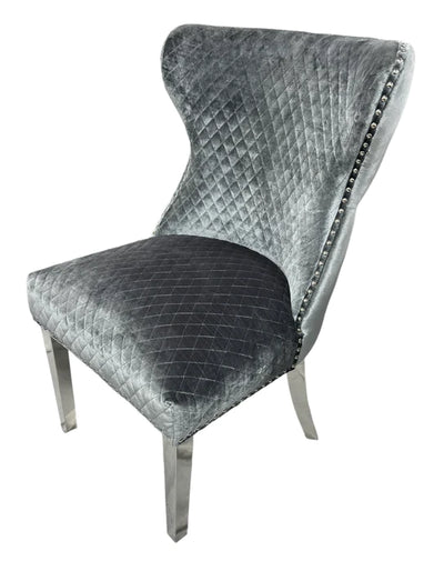 Arianna Glass & Chrome Dining Table With Quilted Lion Knocker Button Back Velvet Chairs