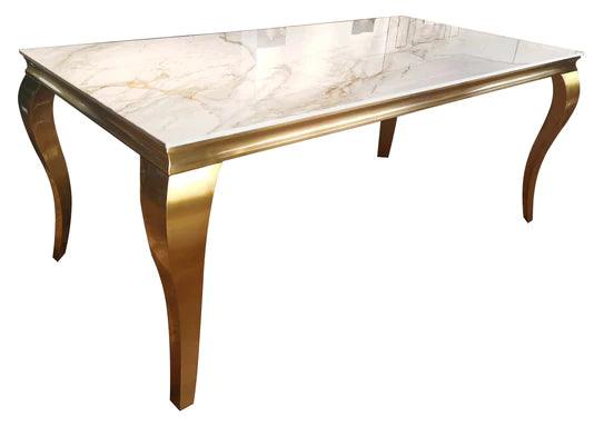 Louis Gold & White Marble Dining Table With Black & Gold Lion Knocker Dining Chairs-Esme Furnishings
