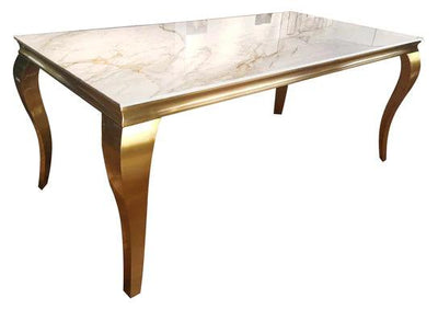 Louis Gold & White Marble Dining Table With Cream & Gold Lion Knocker Dining Chairs-Esme Furnishings