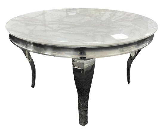 Louis Round 130cm Marble Dining Table + Lion Knocker Plush Velvet Dining Chairs
