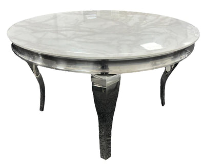 Louis Grey Marble 130cm Round Dining Table + Lucy Grey Lion Knocker Plush Velvet Chairs-Esme Furnishings