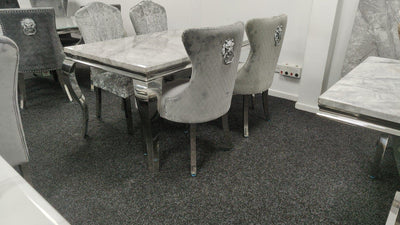Louis 180cm Grey Marble Dining Table + Mayfair Lion Knocker Plush Velvet Chairs-Esme Furnishings