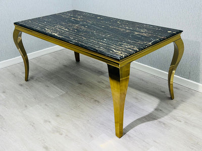 Louis Gold Black Marble Dining Table With Shimmer Black / Gold Ring Knocker Dining Chairs