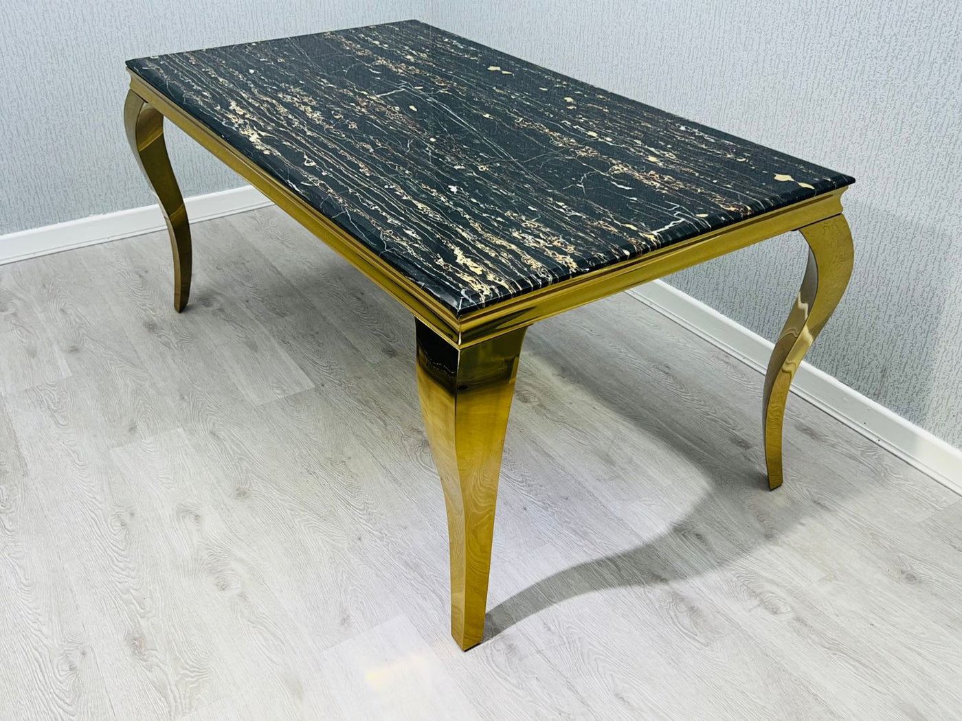 Louis Gold Black Marble Dining Table With Shimmer Black / Gold Ring Knocker Dining Chairs