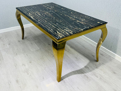 Louis Gold Black Marble Dining Table With Shimmer Black / Gold Ring Knocker Dining Chairs