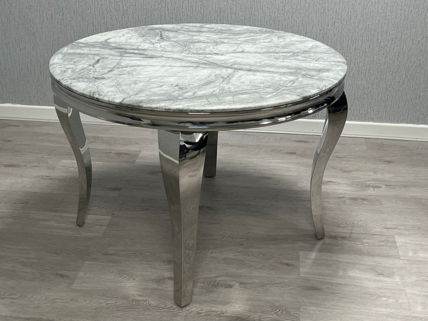 Louis Grey Round 110cm Marble Dining Table + Grey Lion Knocker Velvet Dining Chairs