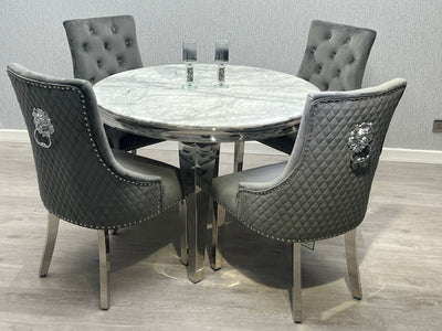 Louis Grey Round 110cm Marble Dining Table + Grey Lion Knocker Velvet Dining Chairs