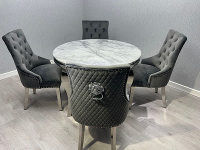 Louis Grey Round 130cm Marble Dining Table + Grey Lion Knocker Velvet Dining Chairs