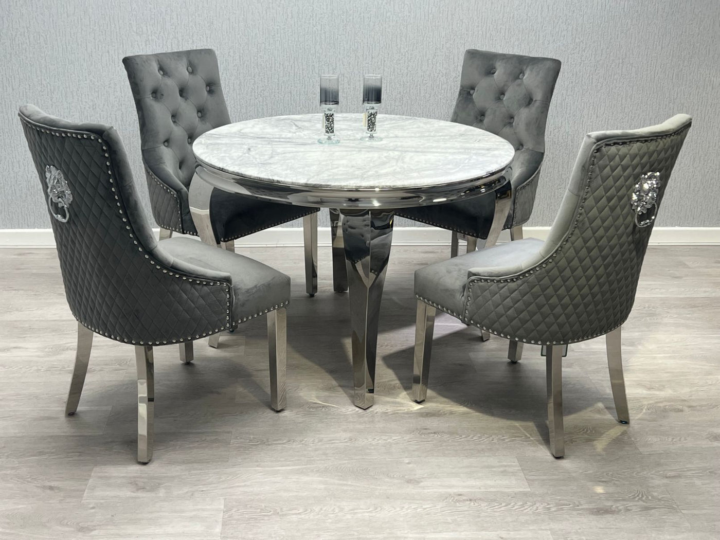 Louis Grey Round 130cm Marble Dining Table + Grey Lion Knocker Velvet Dining Chairs