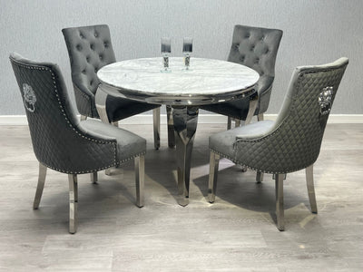 Louis Grey Round 130cm Marble Dining Table + Grey Lion Knocker Velvet Dining Chairs