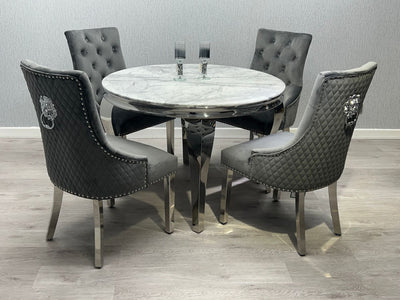 Louis Grey Round 130cm Marble Dining Table + Grey Lion Knocker Velvet Dining Chairs