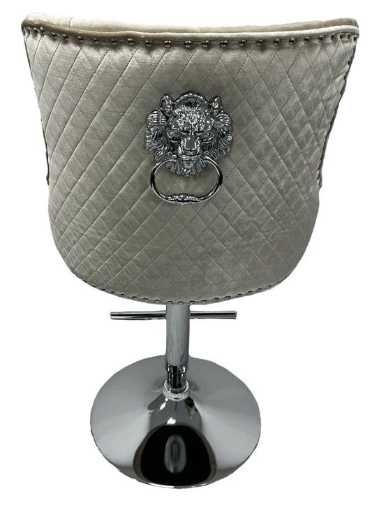 Paris Champagne Mink Shiny Velvet Bar Stool With Lion Knocker-Esme Furnishings