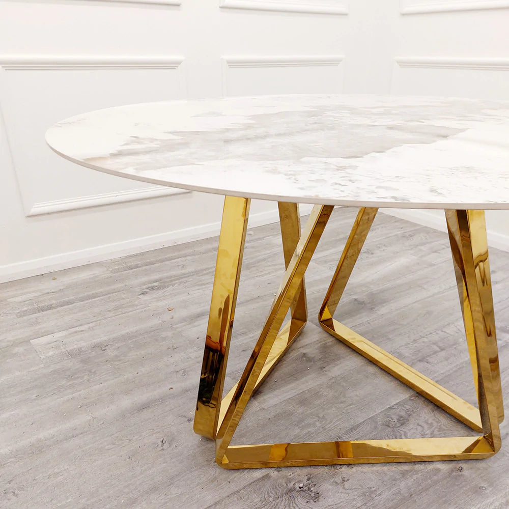 Nero 130cm Round Gold Dining Table with Pandora Gold Sintered Stone Top + Gold Lion Knocker Dining Chairs-Esme Furnishings