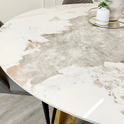 Nero 130cm Round Gold Dining Table with Pandora Gold Sintered Stone Top + Gold Lion Knocker Dining Chairs-Esme Furnishings
