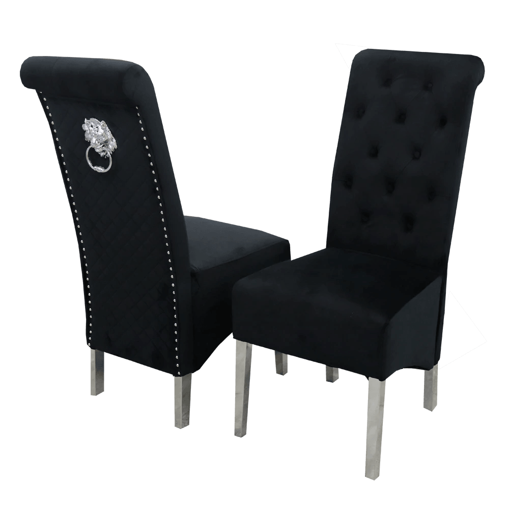 Arianna 150cm Grey Marble Dining Table + Lucy Lion Slim Knocker Plush Velvet Chairs-Esme Furnishings