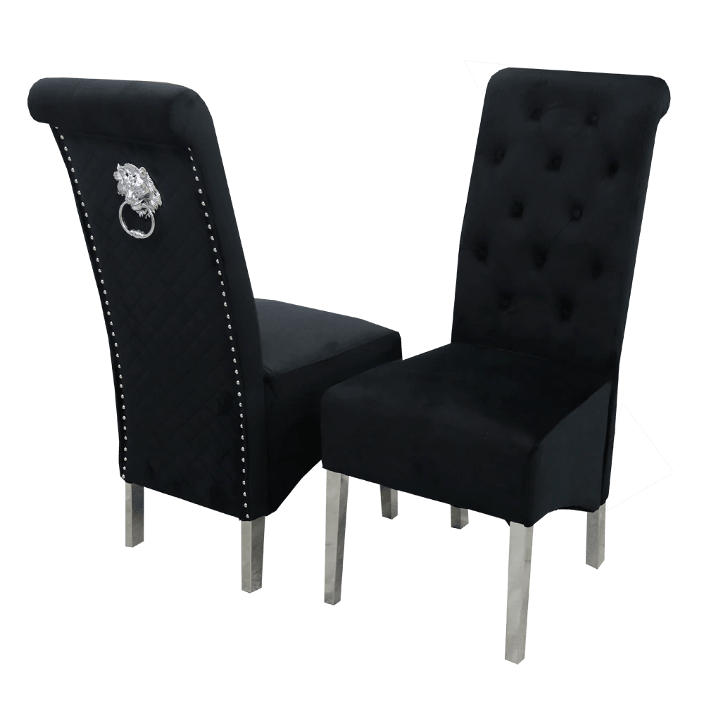 Arianna 150cm Black Marble Dining Table + Lucy Lion Slim Knocker Plush Velvet Chairs-Esme Furnishings