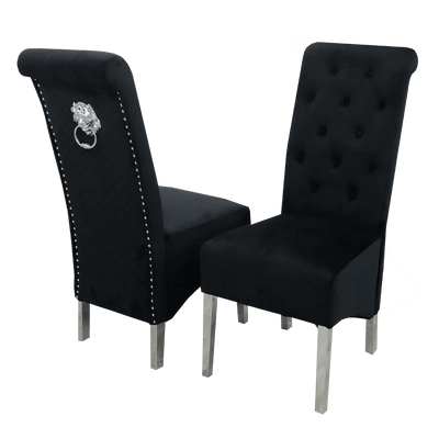 Arianna 150cm Black Marble Dining Table + Lucy Lion Slim Knocker Plush Velvet Chairs-Esme Furnishings