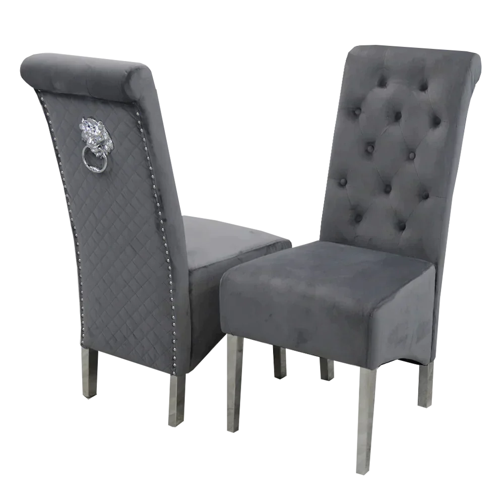 Arial 200cm Marble & Chrome Dining Table With Lucy Slim Quilted Lion Knocker Velvet Chairs