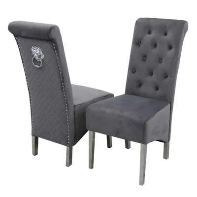 Louis Grey Marble 130cm Round Dining Table + Lucy Grey Lion Knocker Plush Velvet Chairs-Esme Furnishings