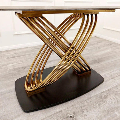 Orion Gold 180cm Dining Table with Polar White Sintered Stone Top + Gold Lion Knocker Dining Chairs-Esme Furnishings