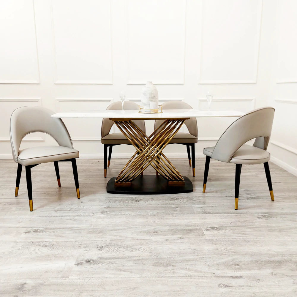 Orion Gold 180cm Dining Table with Polar White Sintered Stone Top + Astra Beige PU Leather Dining Chairs-Esme Furnishings