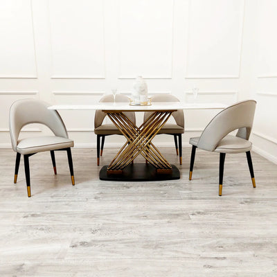 Orion Gold 180cm Dining Table with Polar White Sintered Stone Top + Astra Beige PU Leather Dining Chairs-Esme Furnishings
