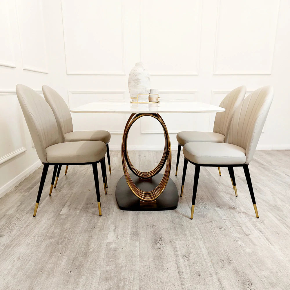 Orion Gold 180cm Dining Table with Polar White Sintered Stone Top + Etta Beige PU Leather Dining Chairs-Esme Furnishings