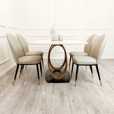 Orion Gold 180cm Dining Table with Polar White Sintered Stone Top + Etta Beige PU Leather Dining Chairs-Esme Furnishings