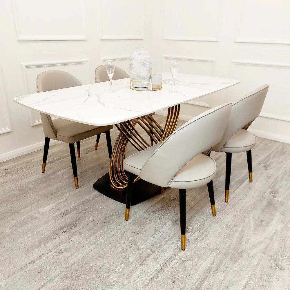Orion Gold 180cm Dining Table with Polar White Sintered Stone Top + Astra Beige PU Leather Dining Chairs-Esme Furnishings