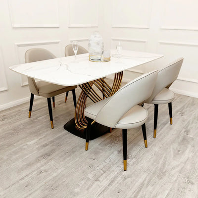 Orion Gold 180cm Dining Table with Polar White Sintered Stone Top + Astra Beige PU Leather Dining Chairs-Esme Furnishings