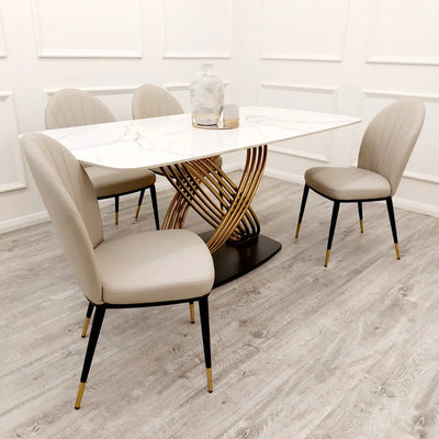 Orion Gold 180cm Dining Table with Polar White Sintered Stone Top + Etta Beige PU Leather Dining Chairs-Esme Furnishings