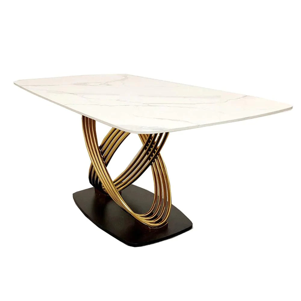 Orion Gold 180cm Dining Table with Polar White Sintered Stone Top + Gold Lion Knocker Dining Chairs-Esme Furnishings