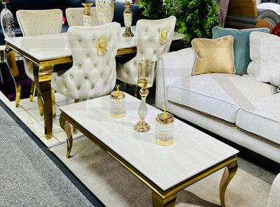 Louis 160cm Cream & Gold Marble Dining Table + Valente Cream Gold Lion Knocker Velvet Chairs-Esme Furnishings