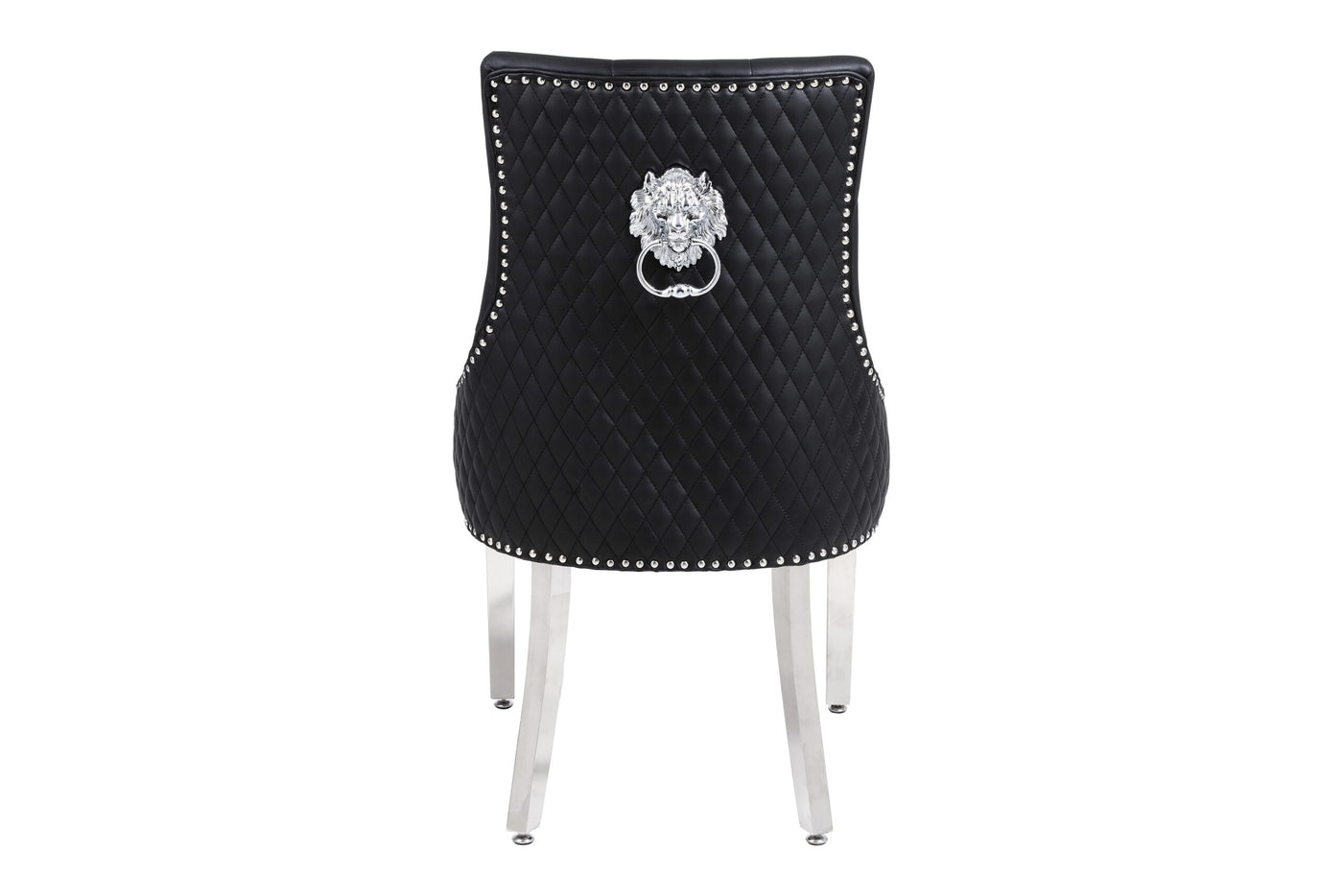 Elina 180cm Grey Marble & Chrome Dining Table + Majestic PU Leather Lion Knocker Dining Chairs