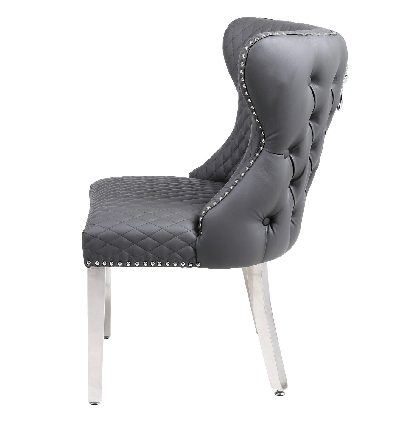 Valentino Grey Quilted PU Leather Chrome Leg Lion Knockerback Dining Chair-Esme Furnishings