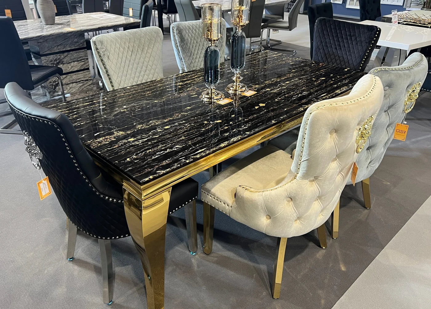 Louis 180cm Black & Gold Marble Dining Table + Valencia Lion Knocker Velvet Gold Leg Chairs-Esme Furnishings