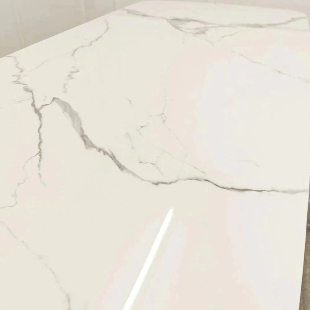 Valeo Gold 180cm Dining Table with Polar White Sintered Stone Top + Etta Beige PU Leather Dining Chairs-Esme Furnishings