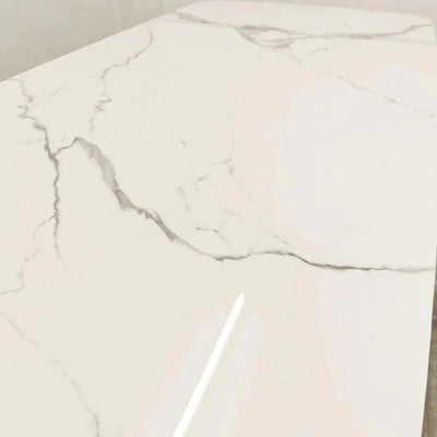 Valeo Gold 180cm Dining Table with Polar White Sintered Stone Top + Etta Beige PU Leather Dining Chairs-Esme Furnishings