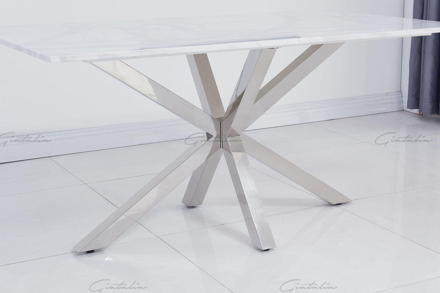 Riviera 160cm White Marble & Stainless Steel Dining Table-Esme Furnishings