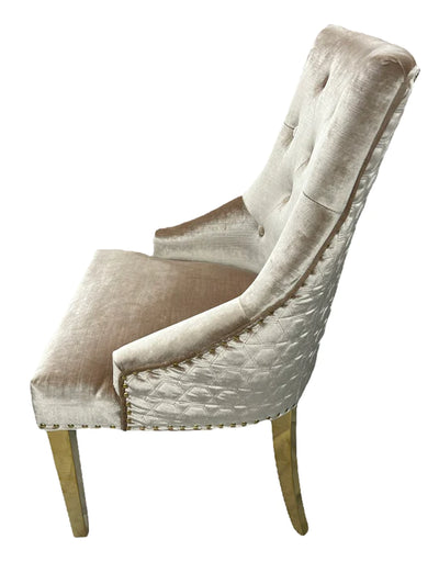 Gold Lion Knocker Quilted Tufted Plush Shiny Velvet Dining Chair Gold Legs - 2 Colours-Esme Furnishings