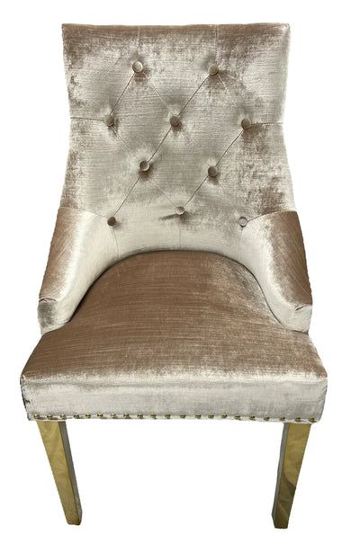 Gold Lion Knocker Quilted Tufted Plush Shiny Velvet Dining Chair Gold Legs - 2 Colours-Esme Furnishings