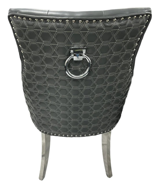 Roma Grey PU Dining Chair Faux Leather Round Ring Knocker Chrome-Esme Furnishings