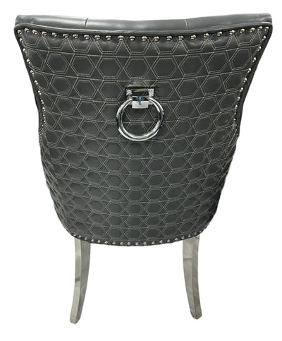 Roma Grey PU Dining Chair Faux Leather Round Ring Knocker Chrome-Esme Furnishings
