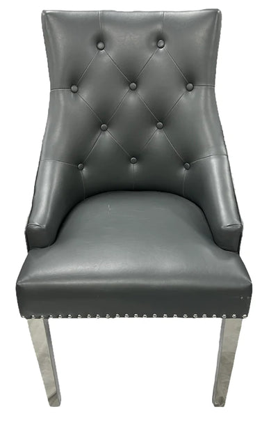 Roma Grey PU Dining Chair Faux Leather Round Ring Knocker Chrome-Esme Furnishings