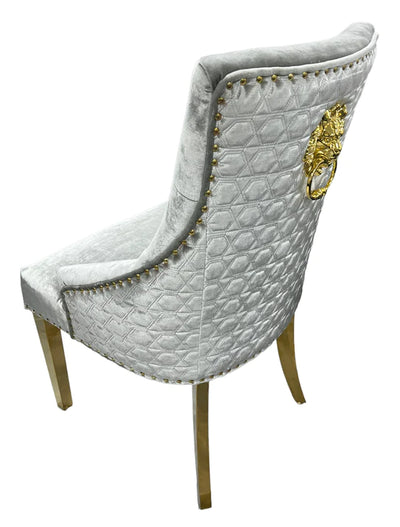 Majestic Gold Lion Knocker Quilted Tufted Shimmer Velvet Dining Chair Gold Legs - 2 Colours-Esme Furnishings